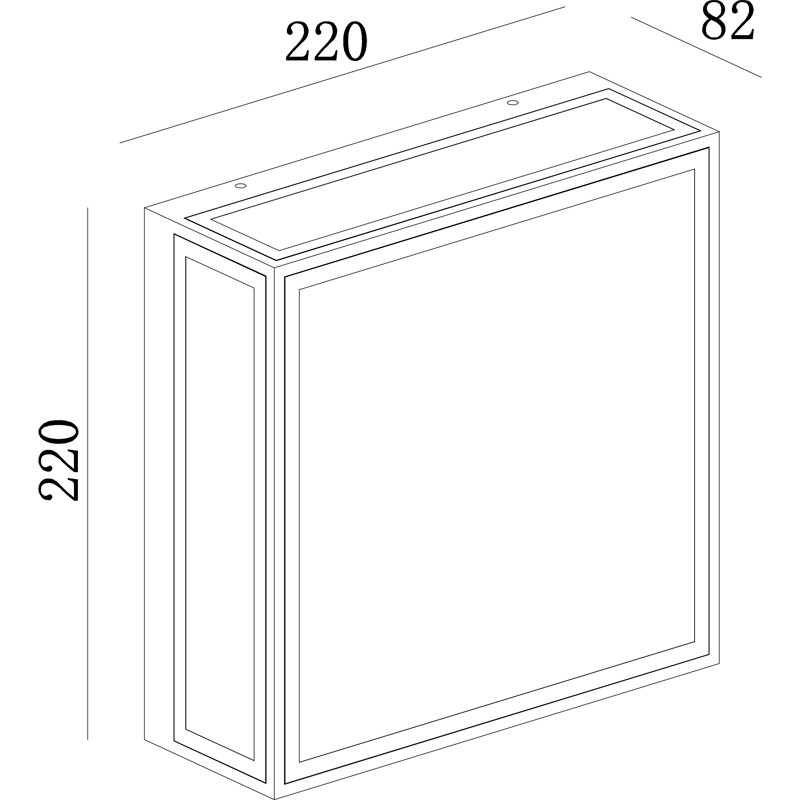 Dibujo lineal de una luminaria de pared rectangular con dimensiones 220x220x82 mm.