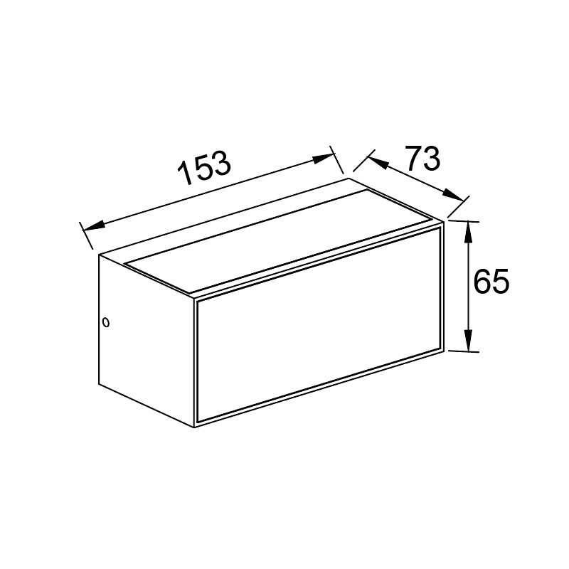 Dibujo técnico de una luminaria rectangular con dimensiones de 153x73x65 mm.