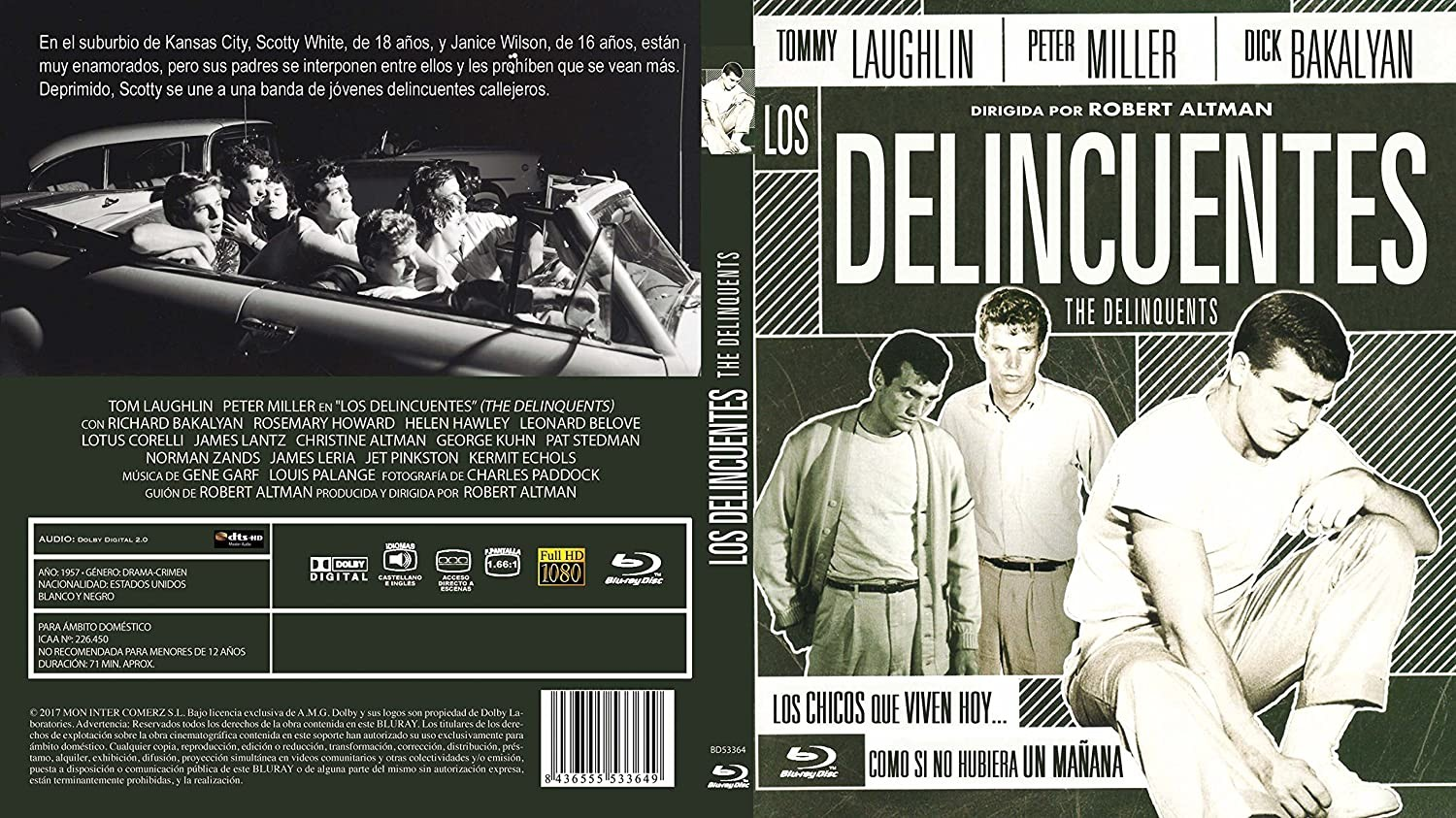 Carátula de DVD en blanco y negro de Los Delincuentes con tres hombres e información.