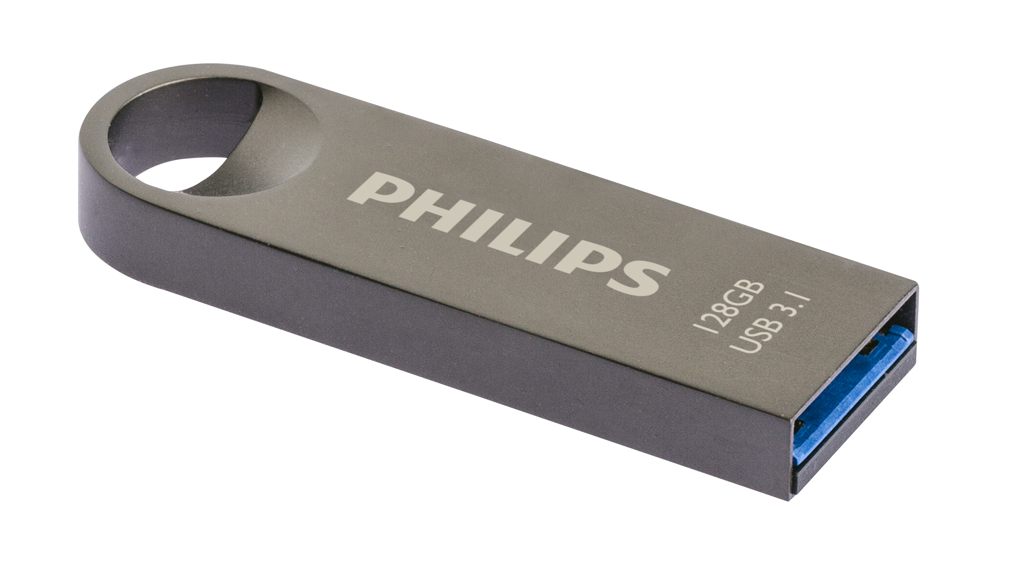 Grauer Philips 128GB USB 3.1 Speicherstick mit Schlüsselringöffnung vor weißem Hintergrund.