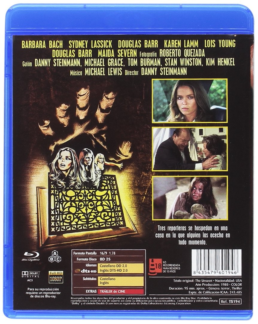 Contraportada de un Blu-ray de The Unseen con fotogramas, reparto y sinopsis en español.