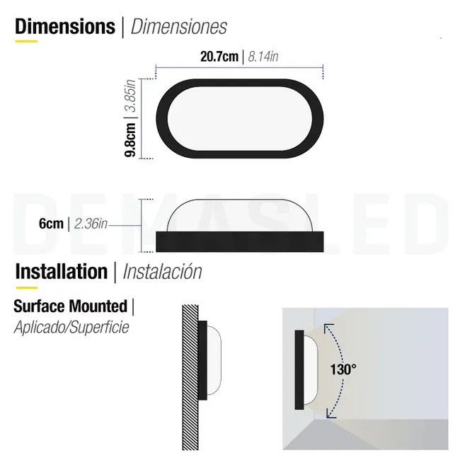 Dibujo técnico que muestra las dimensiones y la instalación en superficie con 130 grados de apertura.