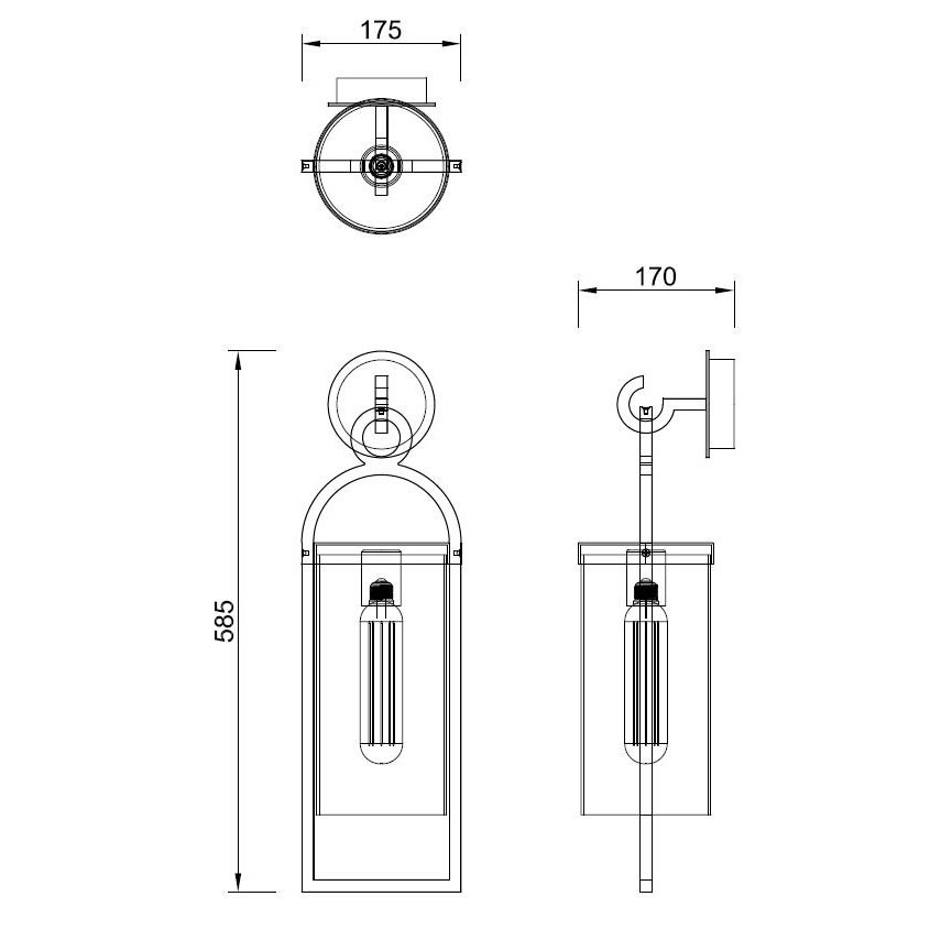 Dibujo técnico de una lámpara de pared con dimensiones de altura, ancho y profundidad.