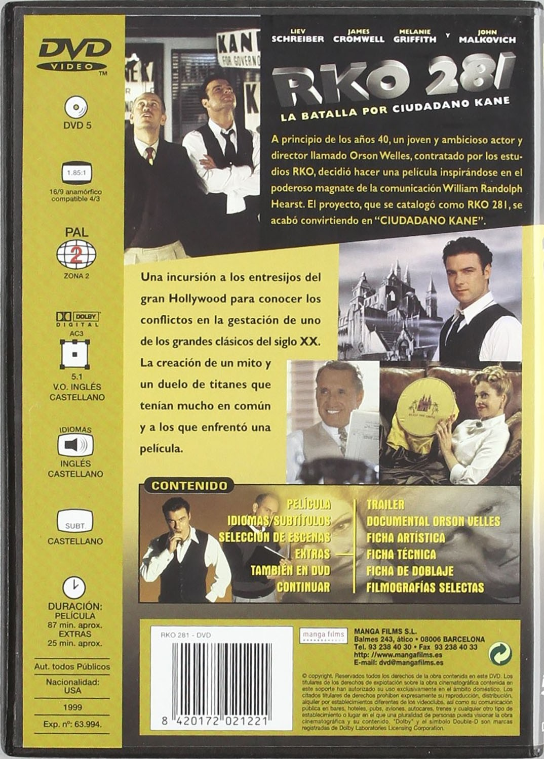 Contraportada del DVD RKO 281 con fotos del reparto, resumen de la trama y detalles técnicos sobre fondo amarillo.