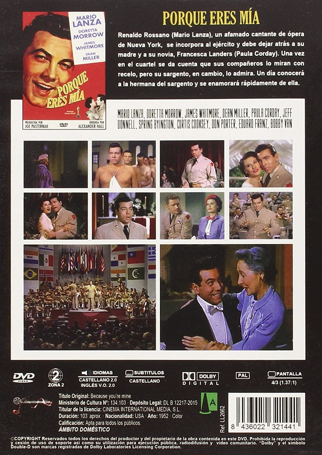 Contraportada del DVD 'Porque eres mía' con Mario Lanza, sinopsis, fotogramas y detalles técnicos.
