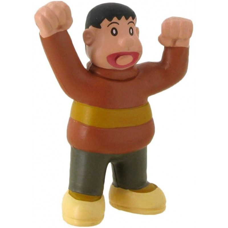 Una figura de plástico de un niño con pelo negro, camisa marrón con franja amarilla, pantalones oscuros y zapatos claros.