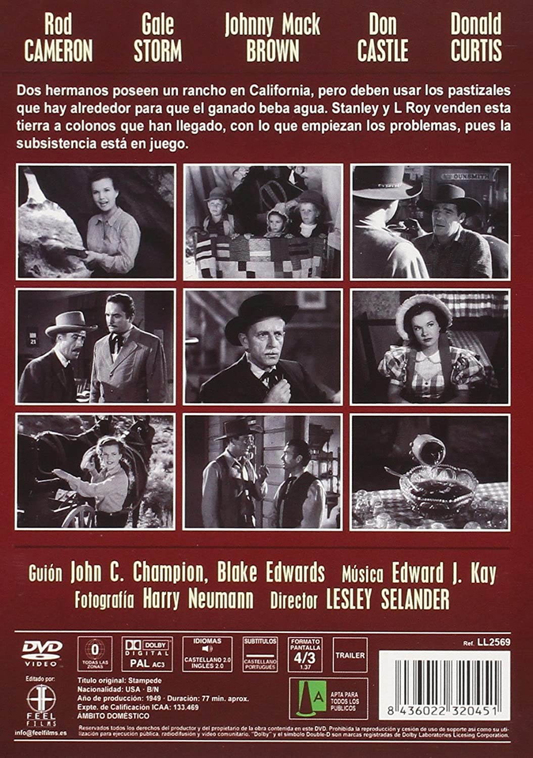 Contraportada de DVD de Stampede con reparto, fotogramas, sinopsis en español y detalles técnicos.