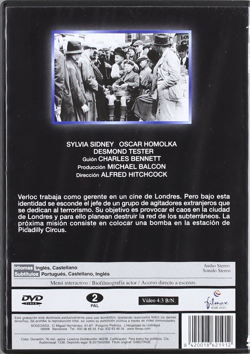 Parte trasera de la carátula del DVD Sabotage con texto, créditos y una escena histórica arriba.