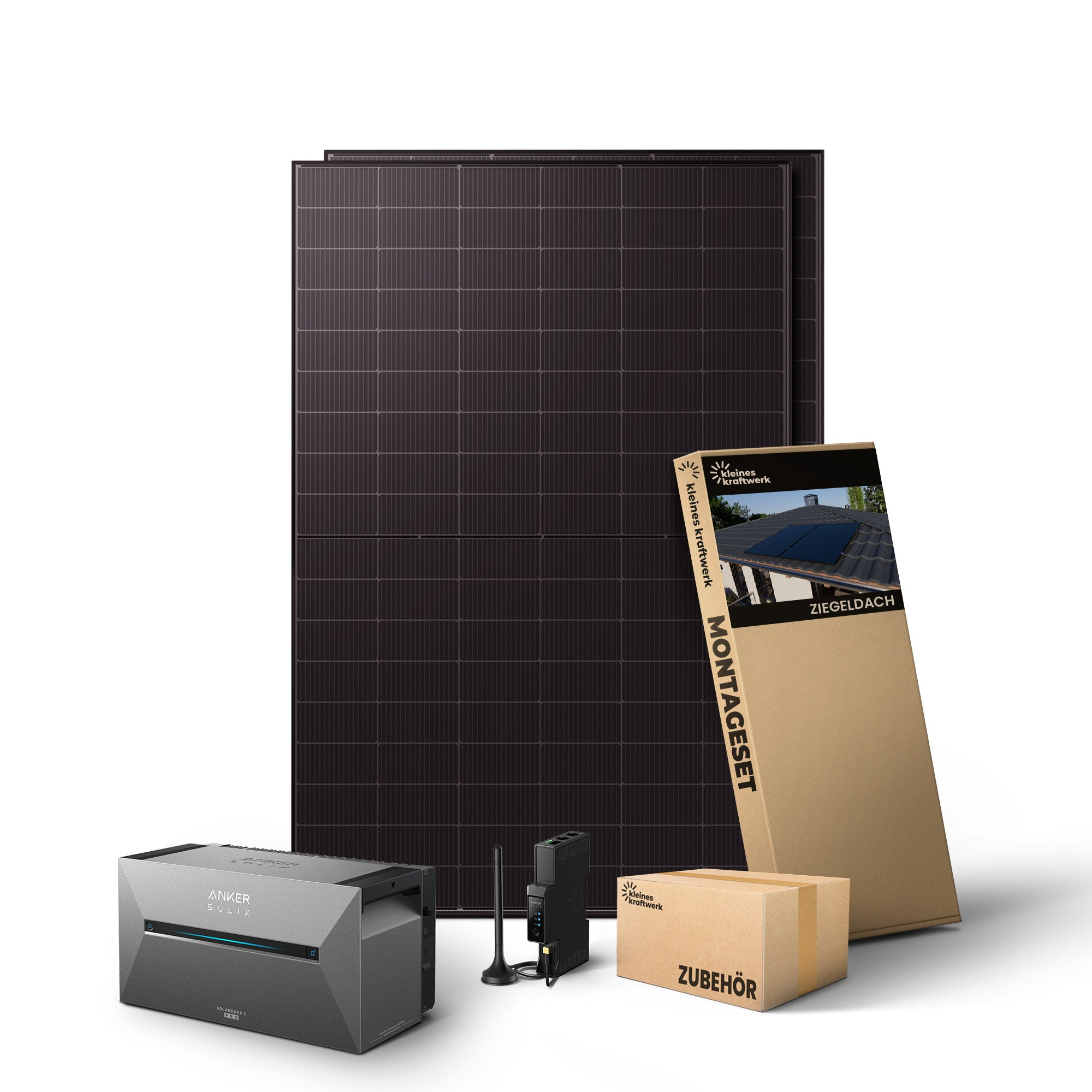 Solaranlage mit Solarmodulen, Wechselrichter, Solarbank, Montageset und Zubehör auf weißem Hintergrund.