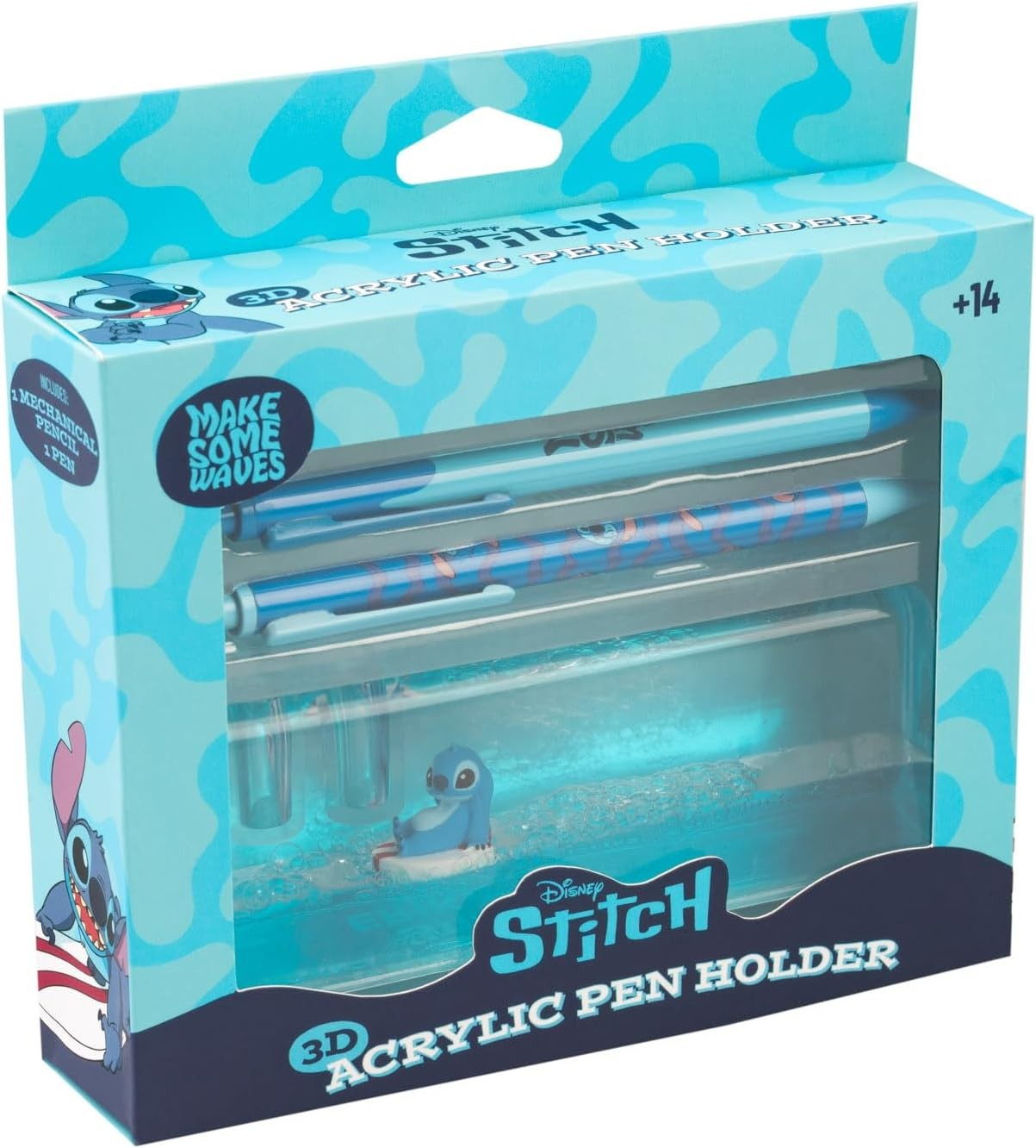 Caja de soporte para bolígrafos acrílica 3D Disney Stitch azul con dos bolígrafos.