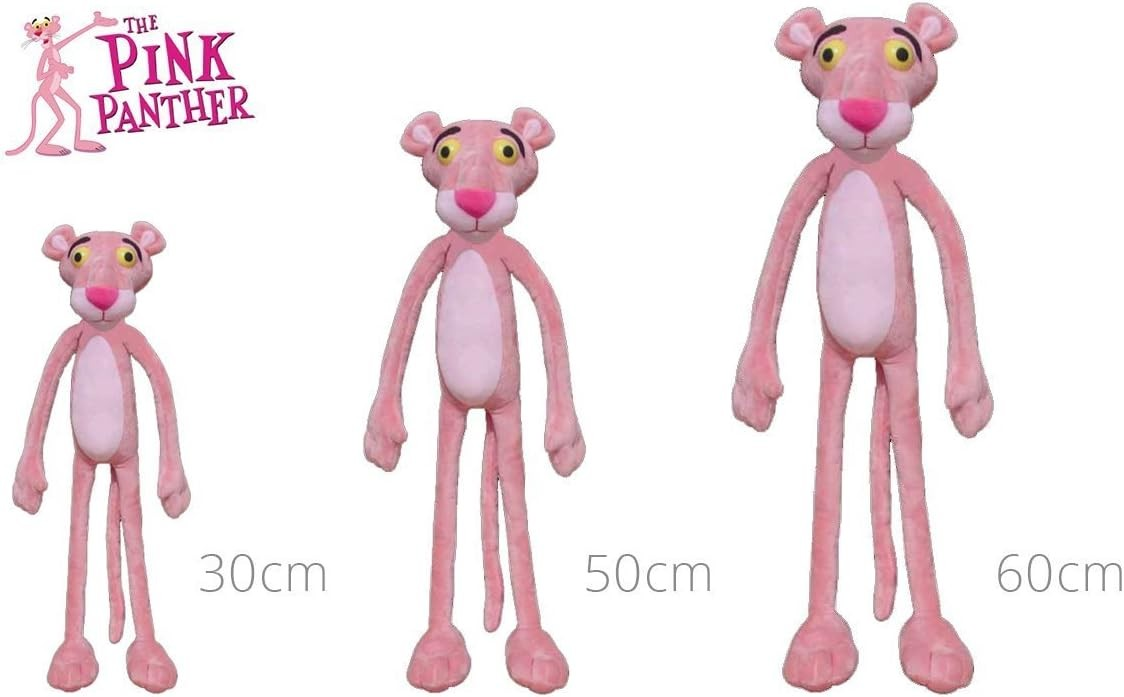 Tres peluches de la Pantera Rosa de 30cm, 50cm y 60cm sobre un fondo blanco.