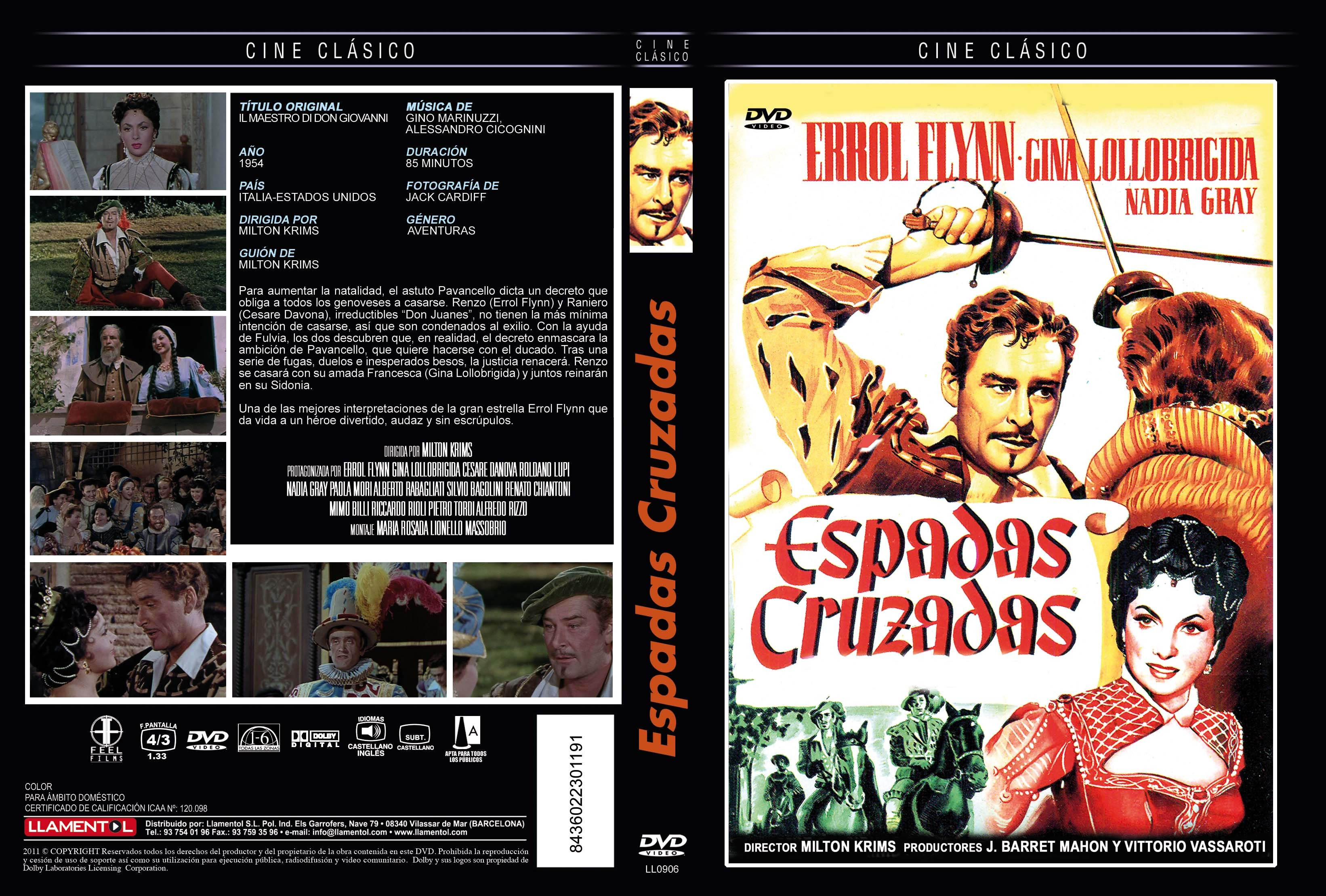 Carátula del DVD Espadas Cruzadas con Errol Flynn y Gina Lollobrigida, fotogramas y texto en la contraportada.