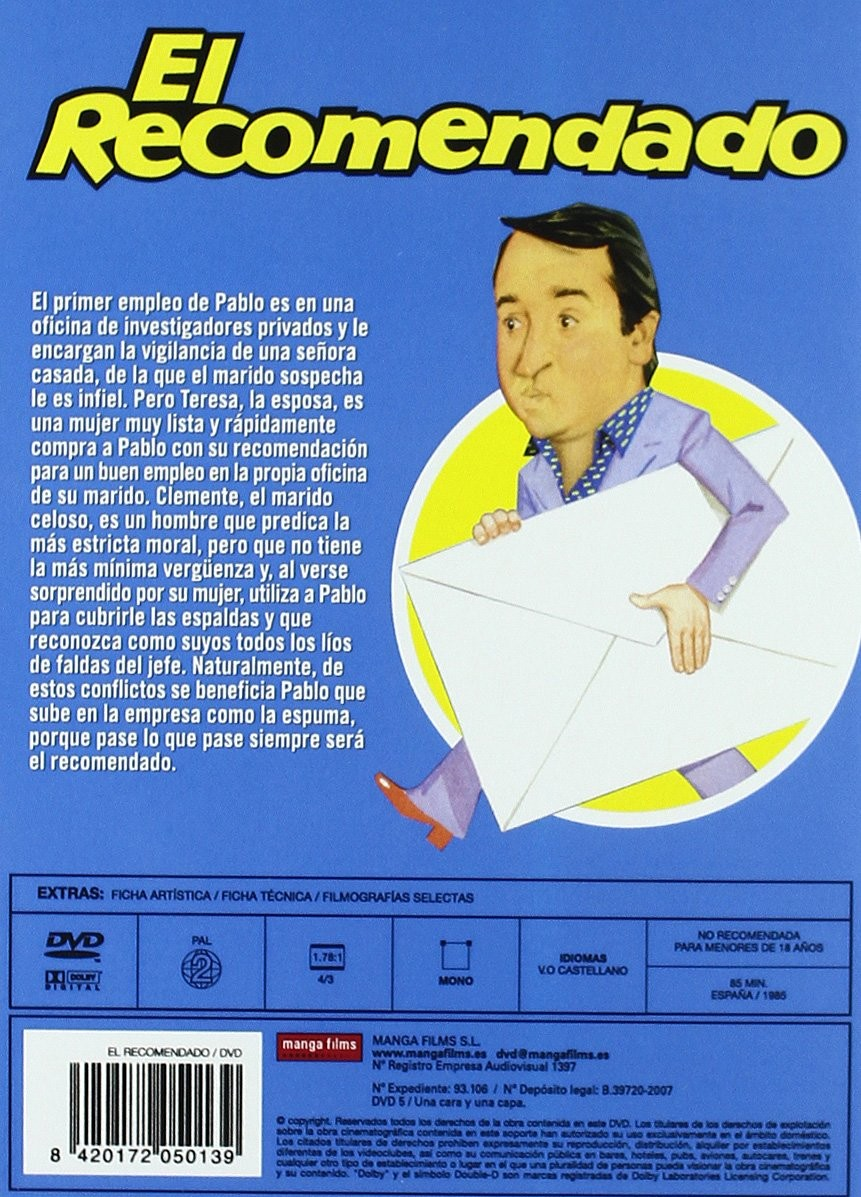 Carátula de DVD azul de El Recomendado con hombre de dibujos animados llevando un sobre grande y texto en español.