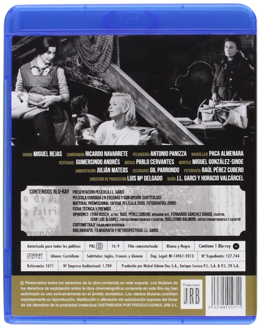 Contraportada de un estuche de Blu-ray con fotogramas en blanco y negro, créditos y detalles técnicos.