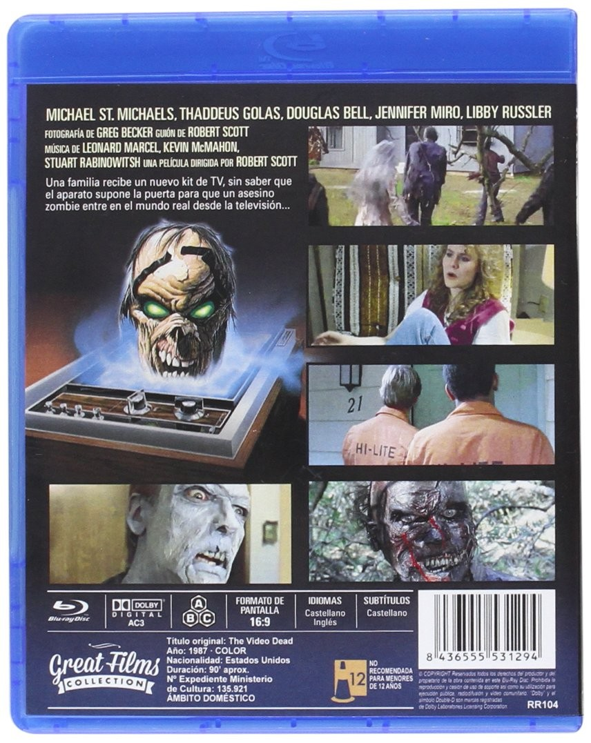 Contraportada de Blu-ray de The Video Dead con escenas de terror, una cabeza zombie y texto.