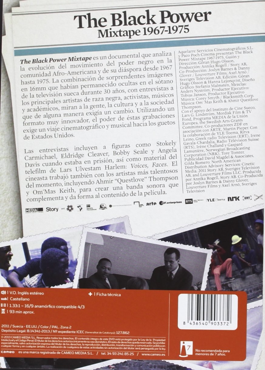 Contraportada de DVD con texto, créditos y pequeñas fotos históricas de The Black Power Mixtape.