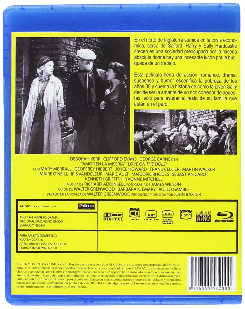 Contraportada del Blu-ray de Love on the Dole con fotos de escenas, reparto y sinopsis en fondo amarillo.