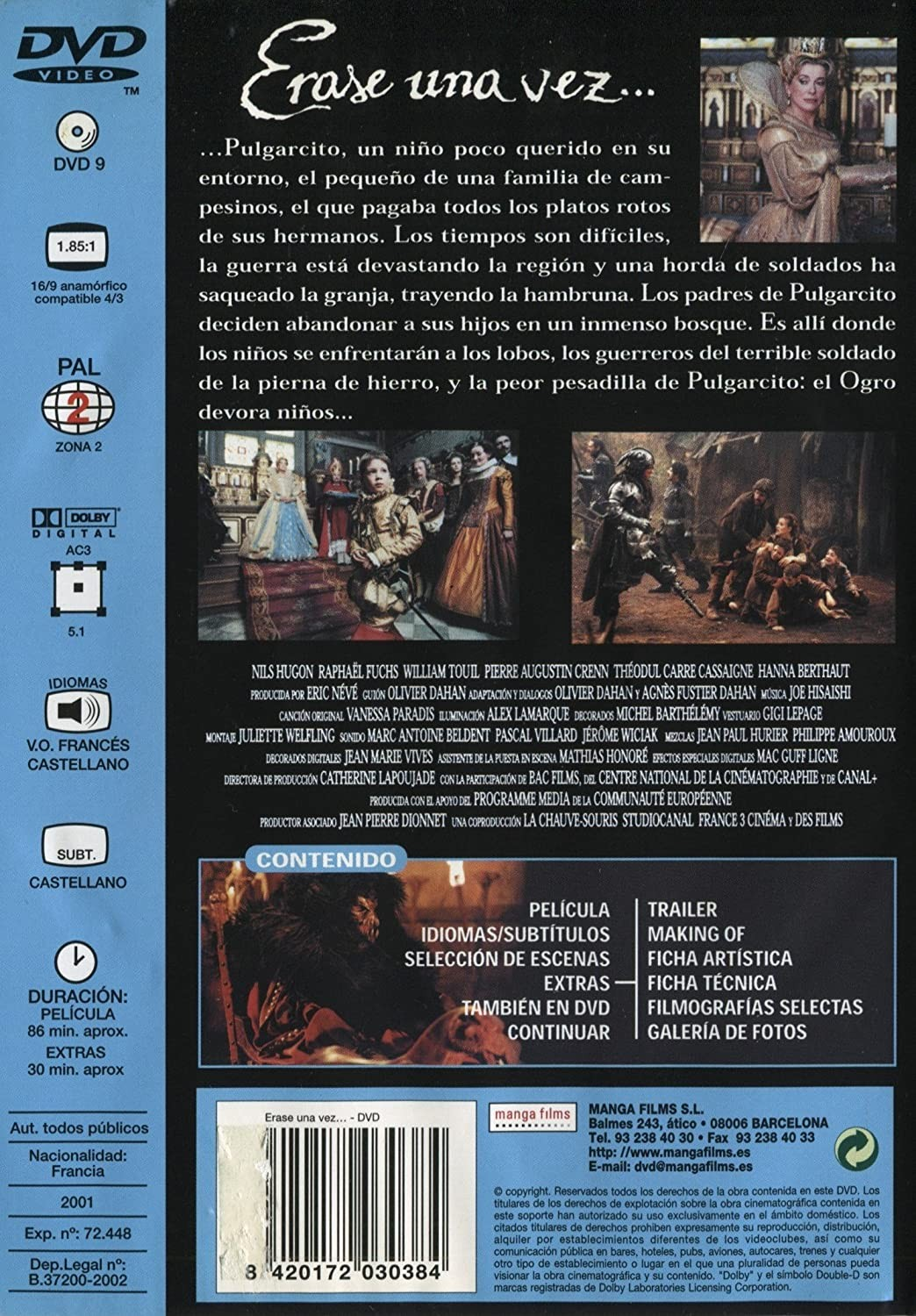 Contraportada del DVD Erase una vez..., con sinopsis, reparto y fotos de escenas sobre fondo oscuro.