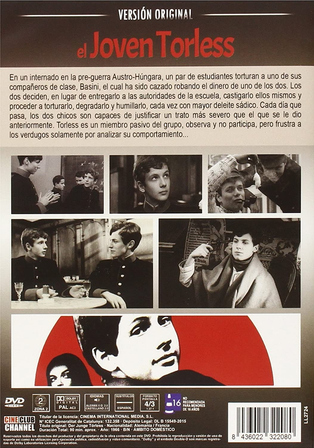 Caratula de DVD de "El Joven Torless" con texto de sinopsis y fotogramas en blanco y negro.