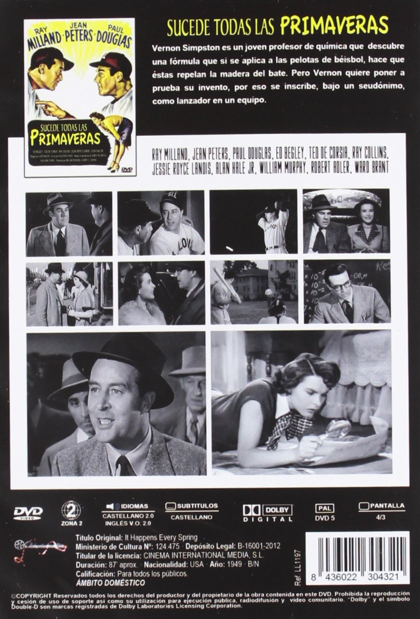 Contraportada de un DVD con fotogramas de la película, sinopsis y el título SUCEDE TODAS LAS PRIMAVERAS.