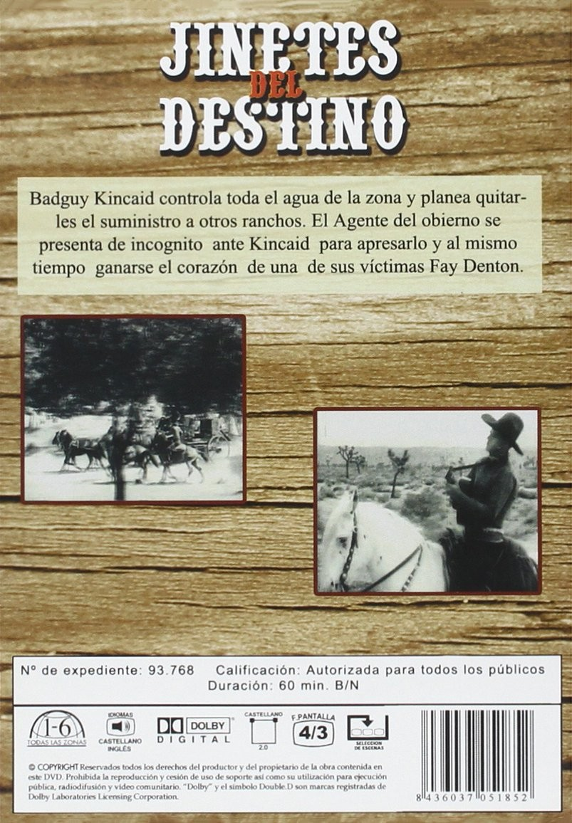 Contraportada del DVD Jinetes del Destino con texto, dos imágenes, detalles y código de barras sobre madera.