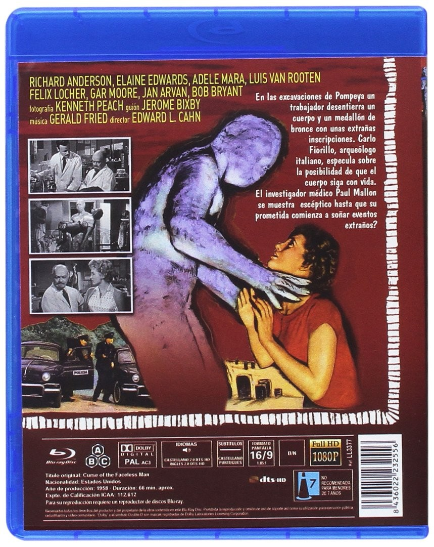 Caja azul de Blu-ray con portada roja que muestra una figura morada espeluznante y una persona aterrorizada.
