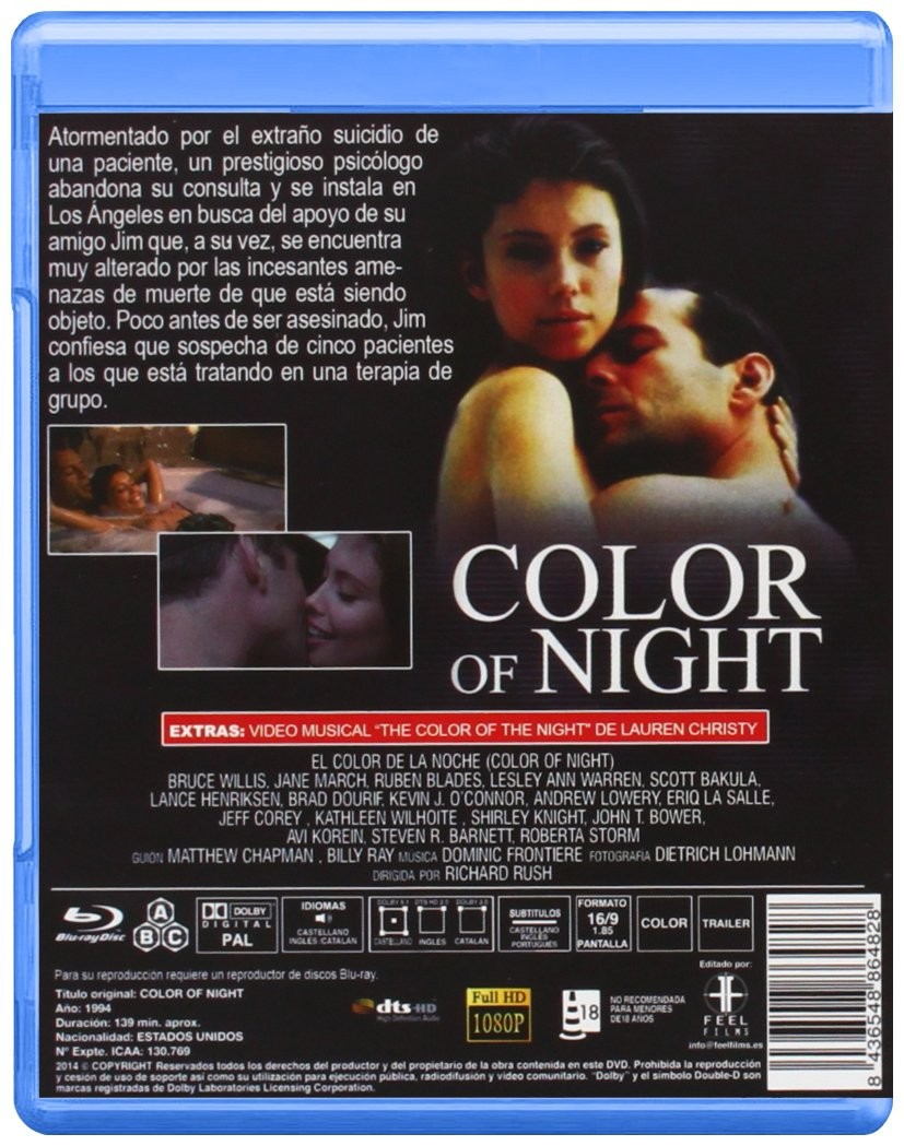 Contraportada del Blu-ray Color of Night con detalles de la película y reparto.