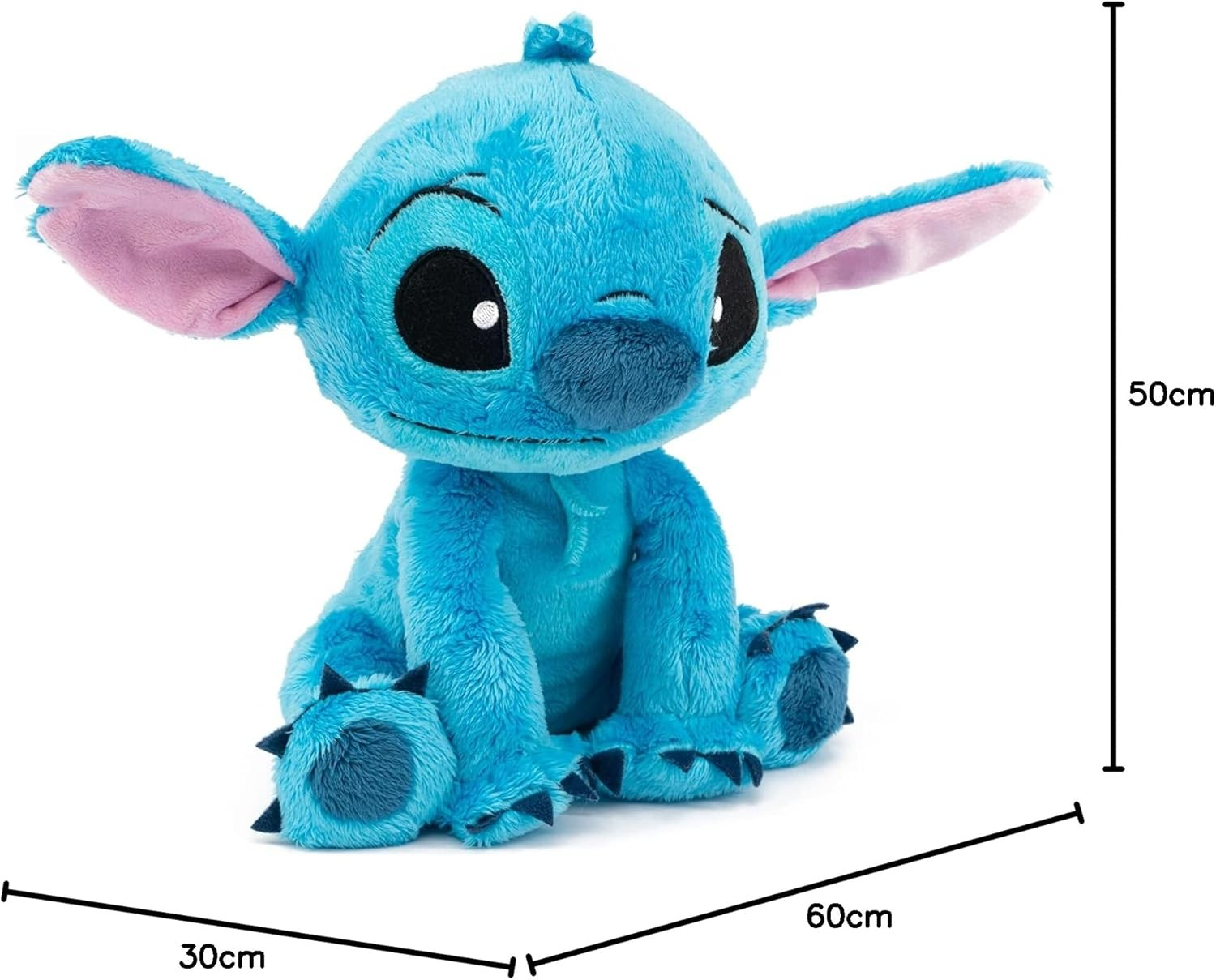 Un peluche azul de Stitch con orejas grandes y medidas.