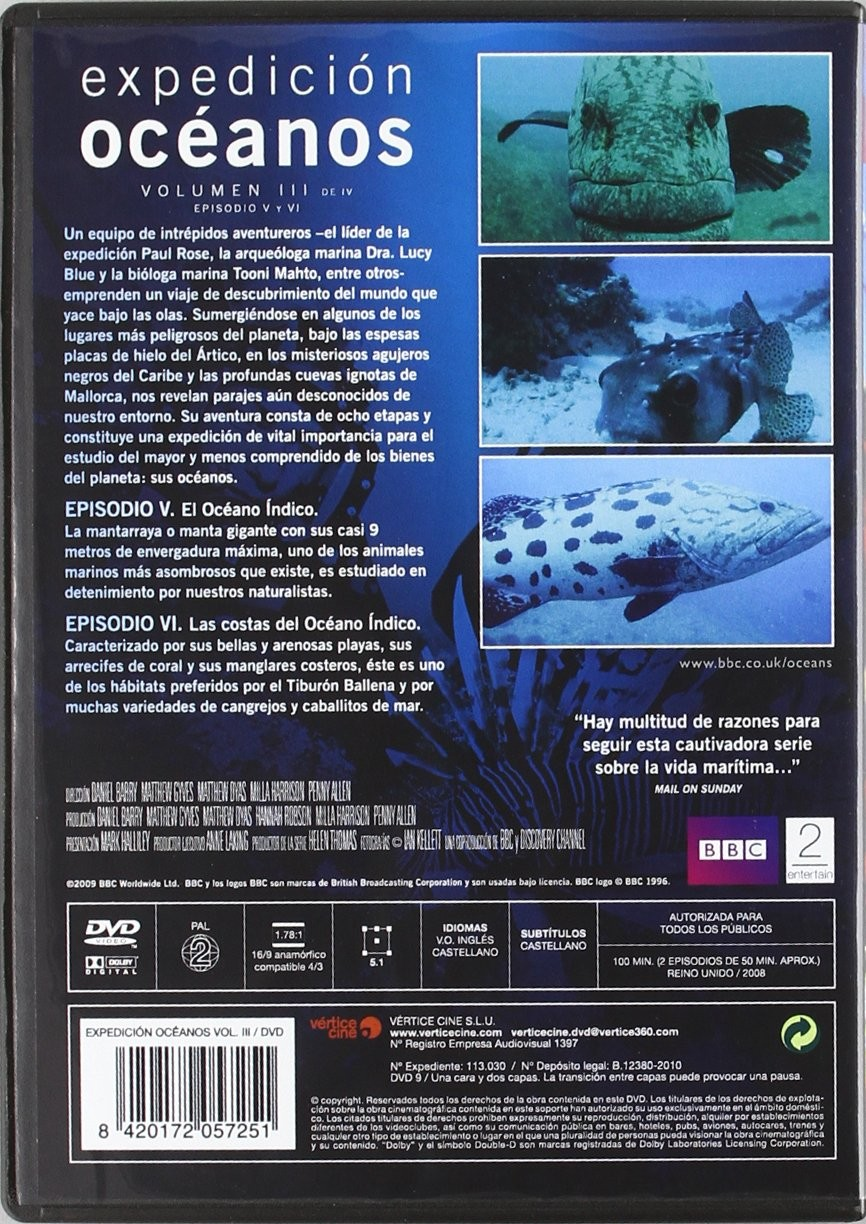 Contraportada del DVD "Expedición océanos" con texto y tres fotos submarinas de vida marina.