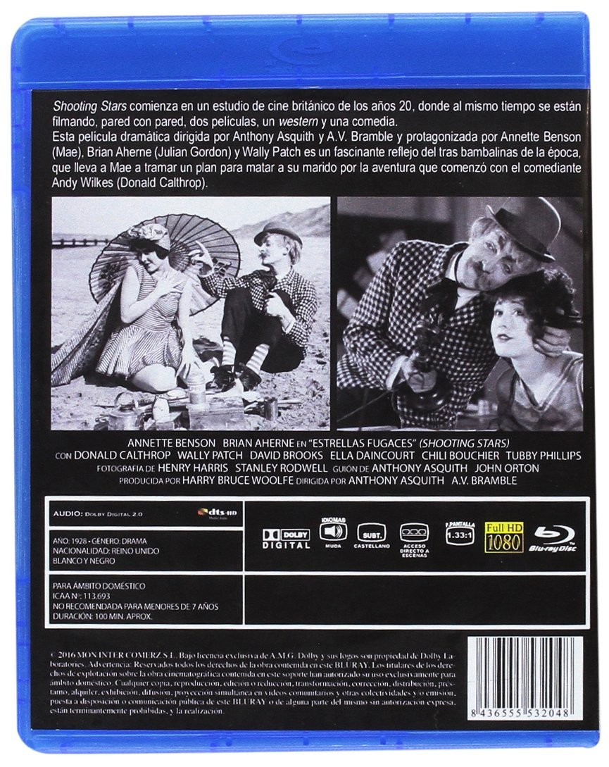 Contraportada de un Blu-ray de Shooting Stars con texto, fotos de escenas, reparto y detalles técnicos.
