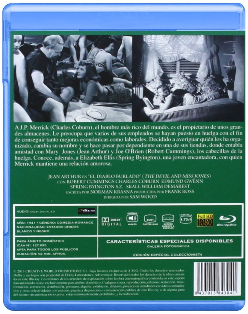 Contraportada del Blu-ray The Devil and Miss Jones con fotogramas, sinopsis en español y detalles técnicos.