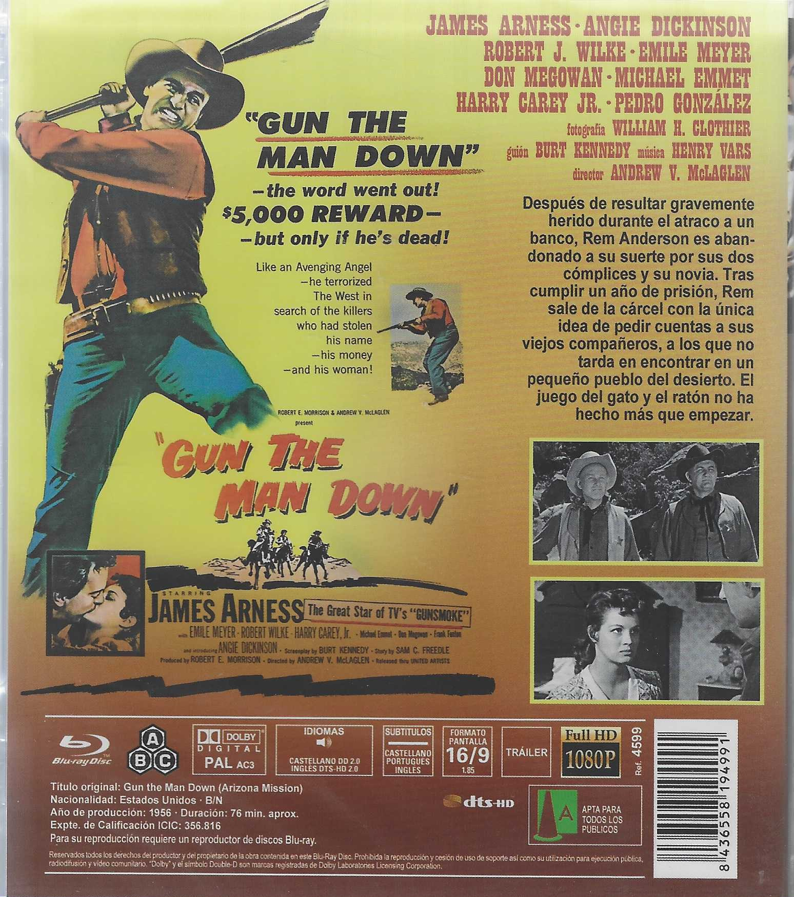 Carátula de la película Gun the Man Down con James Arness, fotogramas y texto en español.