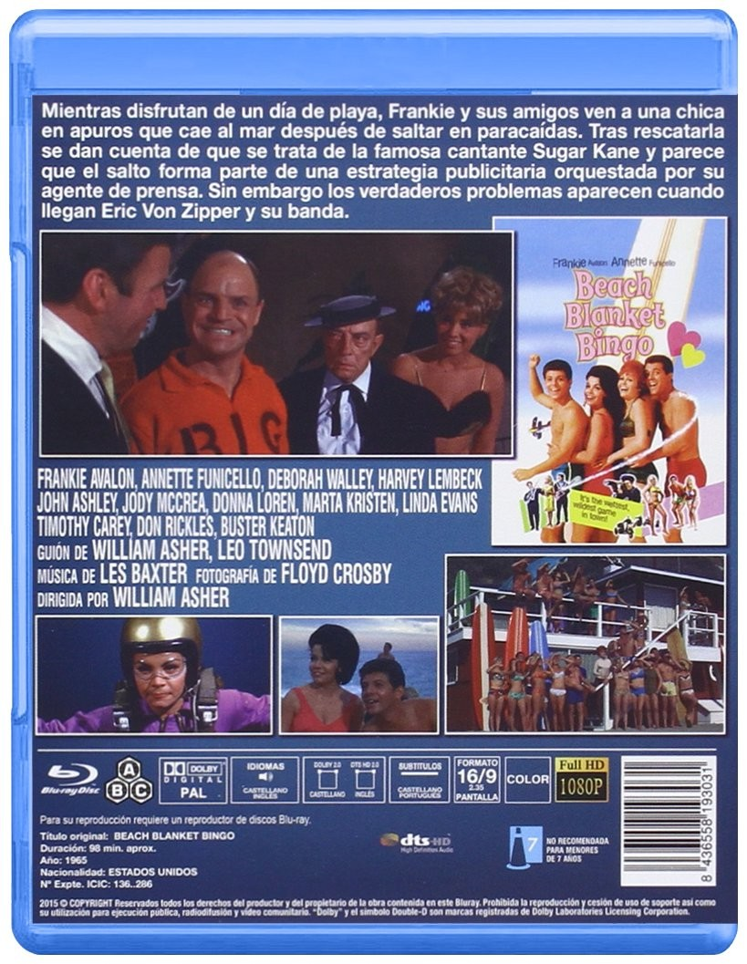 Contraportada de un estuche de Blu-ray de Beach Blanket Bingo con fotogramas, texto y detalles técnicos.