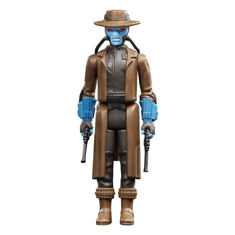Una figura de acción de piel azul con abrigo y sombrero marrones, sosteniendo dos blasters sobre fondo blanco.