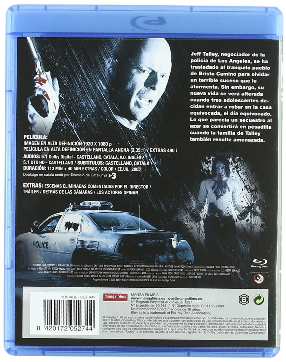 Contraportada de la película Hostage con Bruce Willis, un coche de policía y sinopsis.