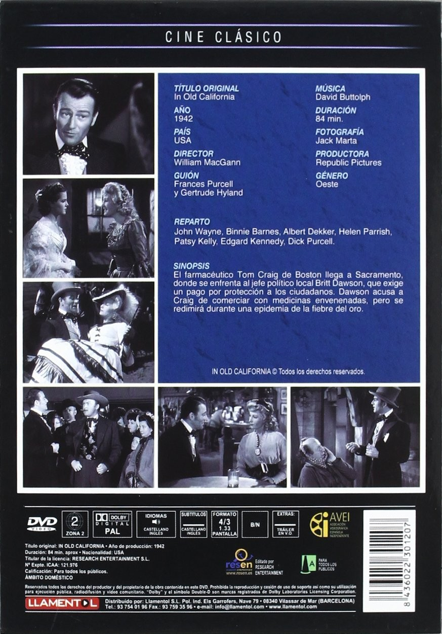 Carátula del DVD In Old California con escenas, texto y detalles técnicos.