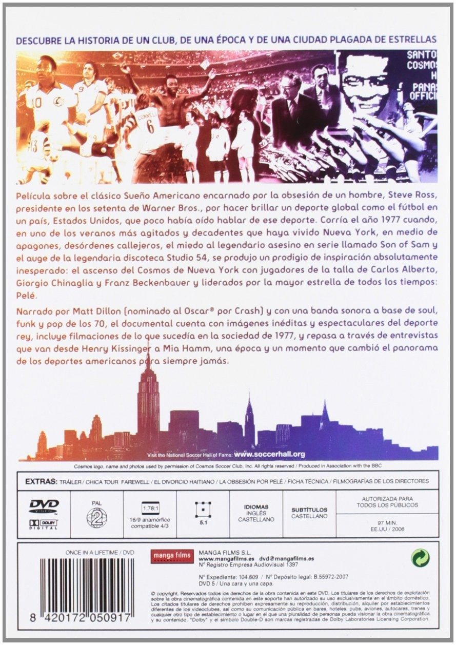 Carátula del DVD 'Once in a Lifetime' con imágenes históricas de fútbol y el horizonte de Nueva York.