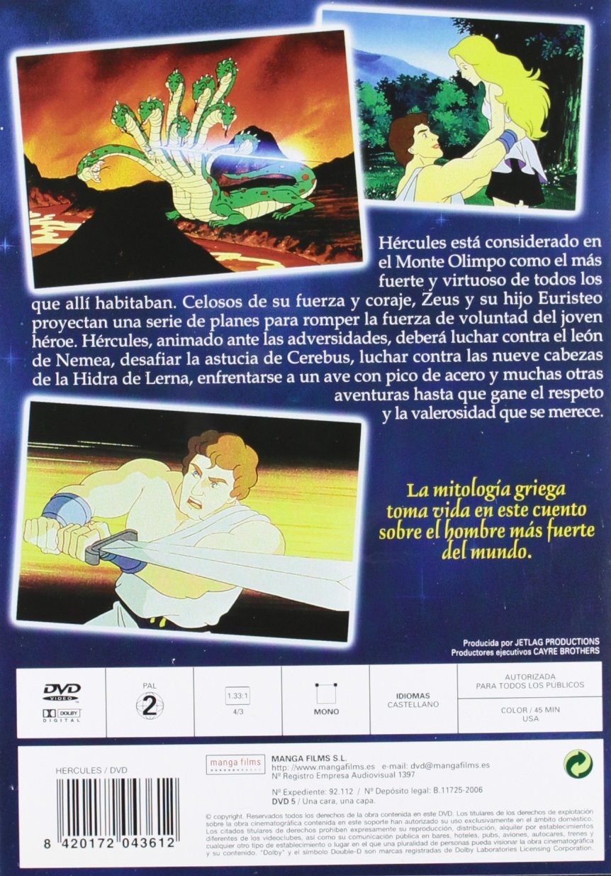 Carátula de DVD de Hércules con escenas animadas luchando contra una hidra de múltiples cabezas y una espada.
