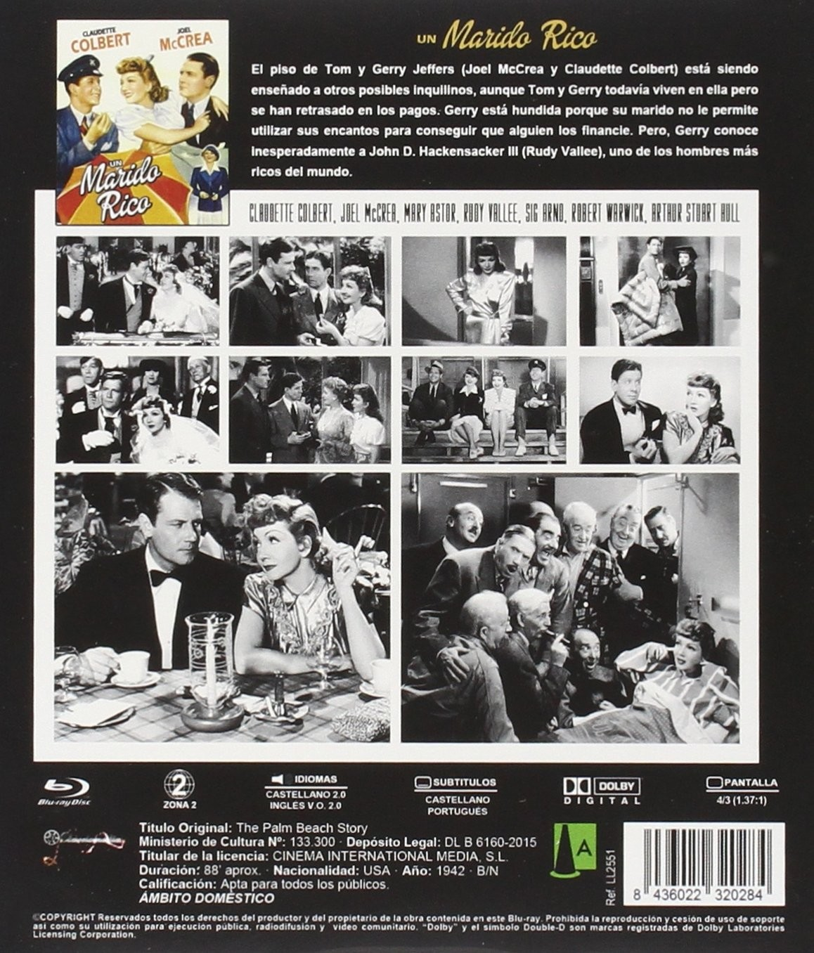 Contraportada del DVD de The Palm Beach Story con fotogramas, sinopsis y detalles técnicos.
