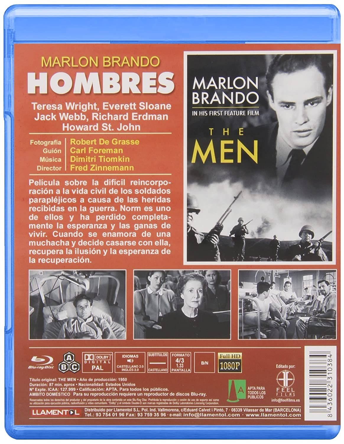 Contraportada del Blu-ray "The Men" con Marlon Brando, fotogramas, reparto y sinopsis en español.
