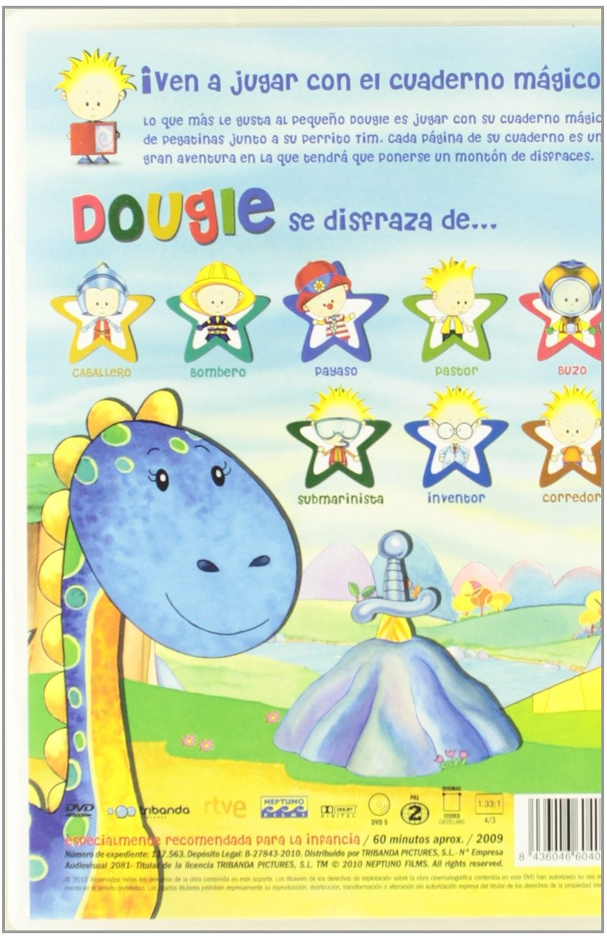 Contraportada de DVD con el dinosaurio Dougle y estrellas de colores con disfraces.