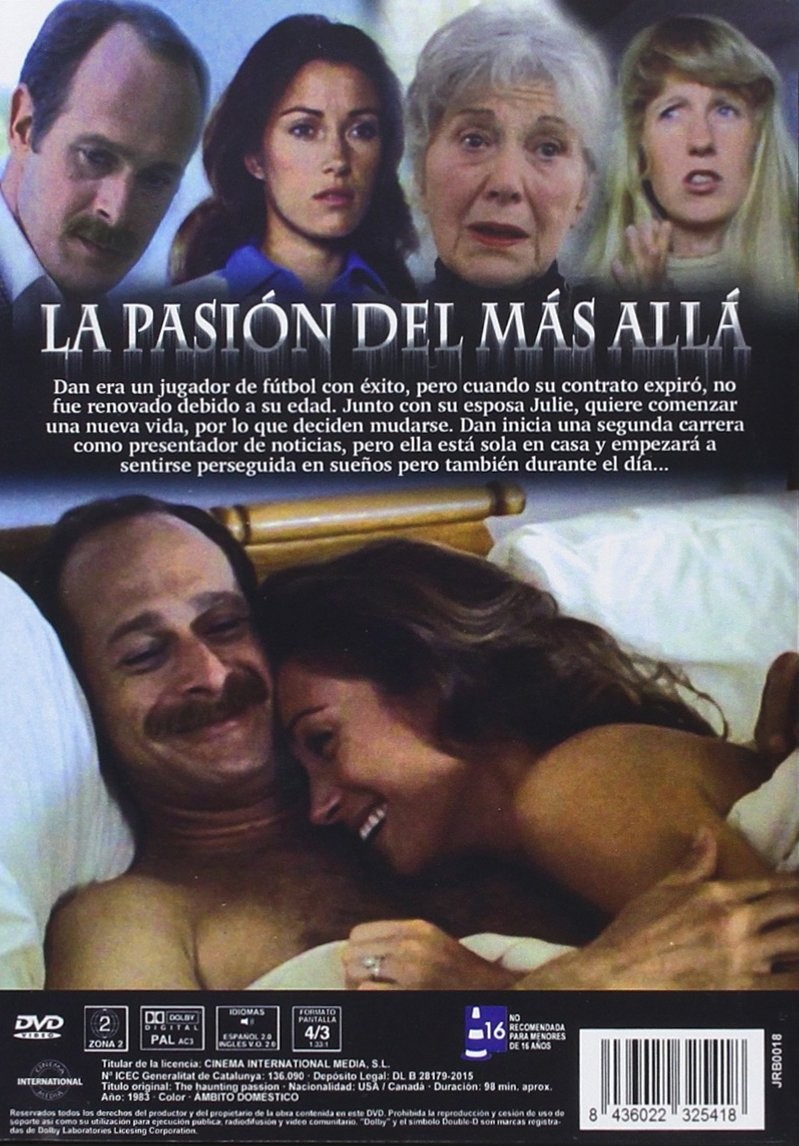 Carátula de película con cuatro personas arriba y una pareja en la cama abajo, con el título La pasión del más allá.