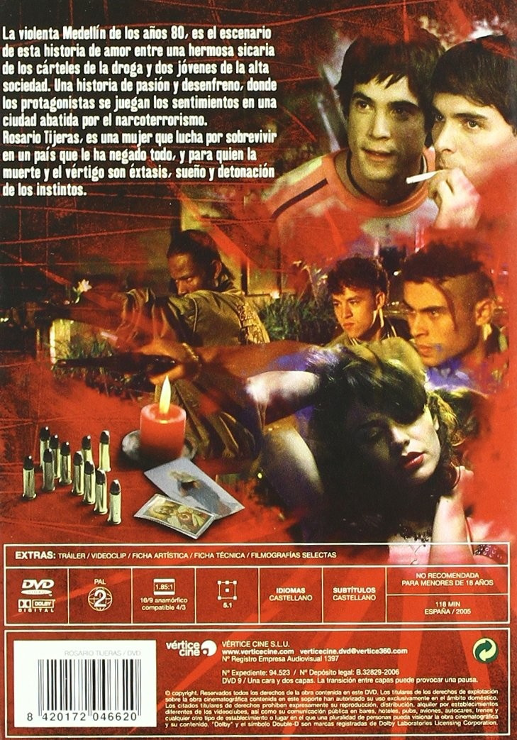 Carátula de DVD con personajes, balas y una vela encendida sobre fondo rojo.
