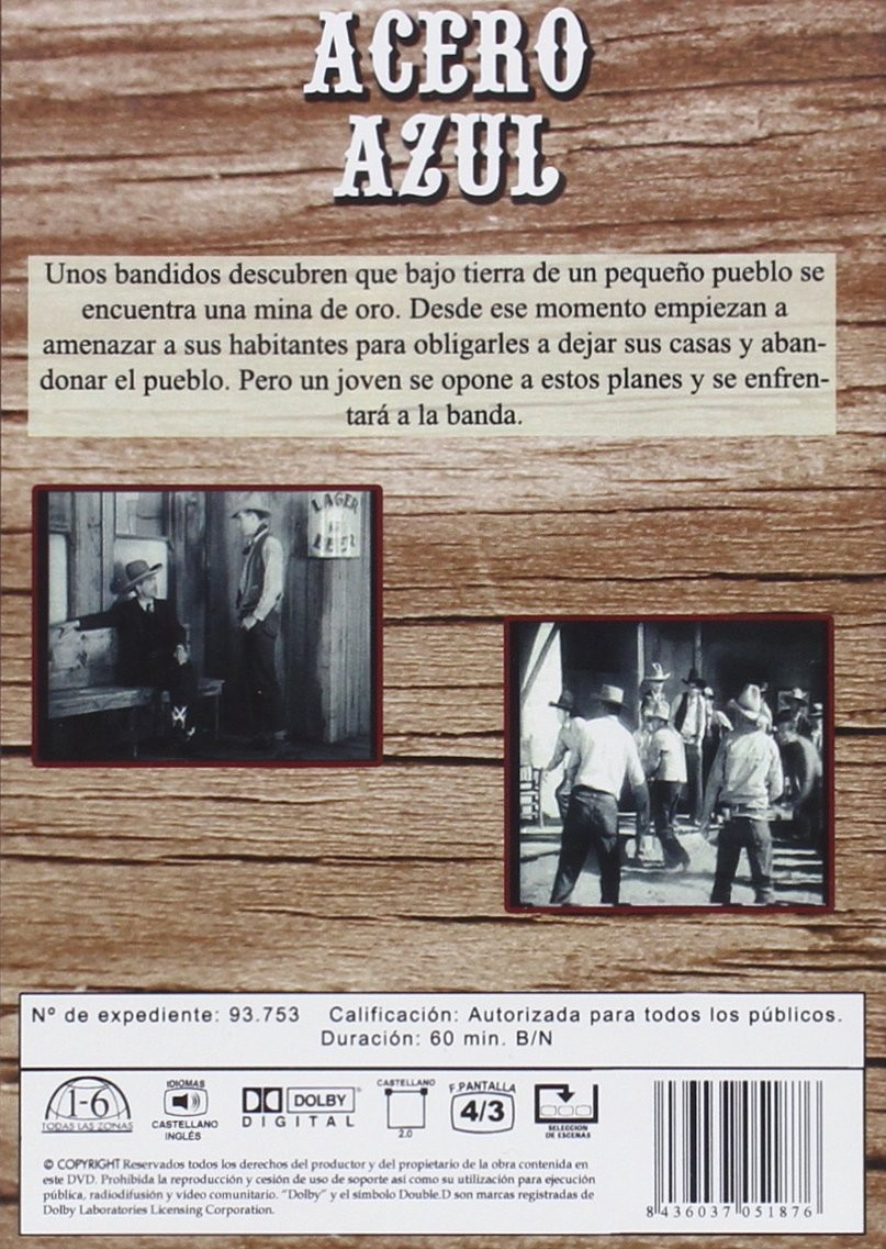 Contraportada de DVD para Acero Azul con sinopsis, dos fotogramas en blanco y negro e información técnica.