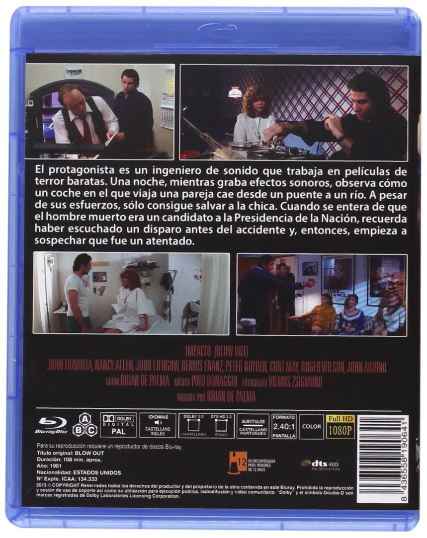 Contraportada de un estuche Blu-ray de Blow Out con fotogramas, sinopsis en español, reparto y detalles técnicos.