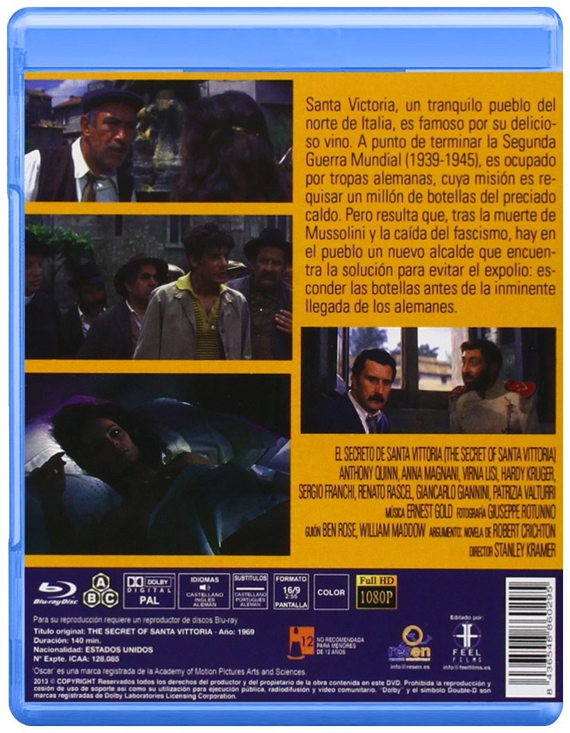 Contraportada del Blu-ray "El secreto de Santa Vittoria" con escenas de la película, sinopsis y créditos.