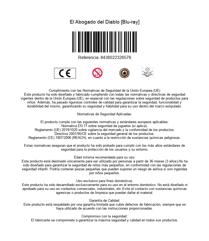Información de producto con marca CE, código de barras y texto sobre normativa de seguridad de la UE.