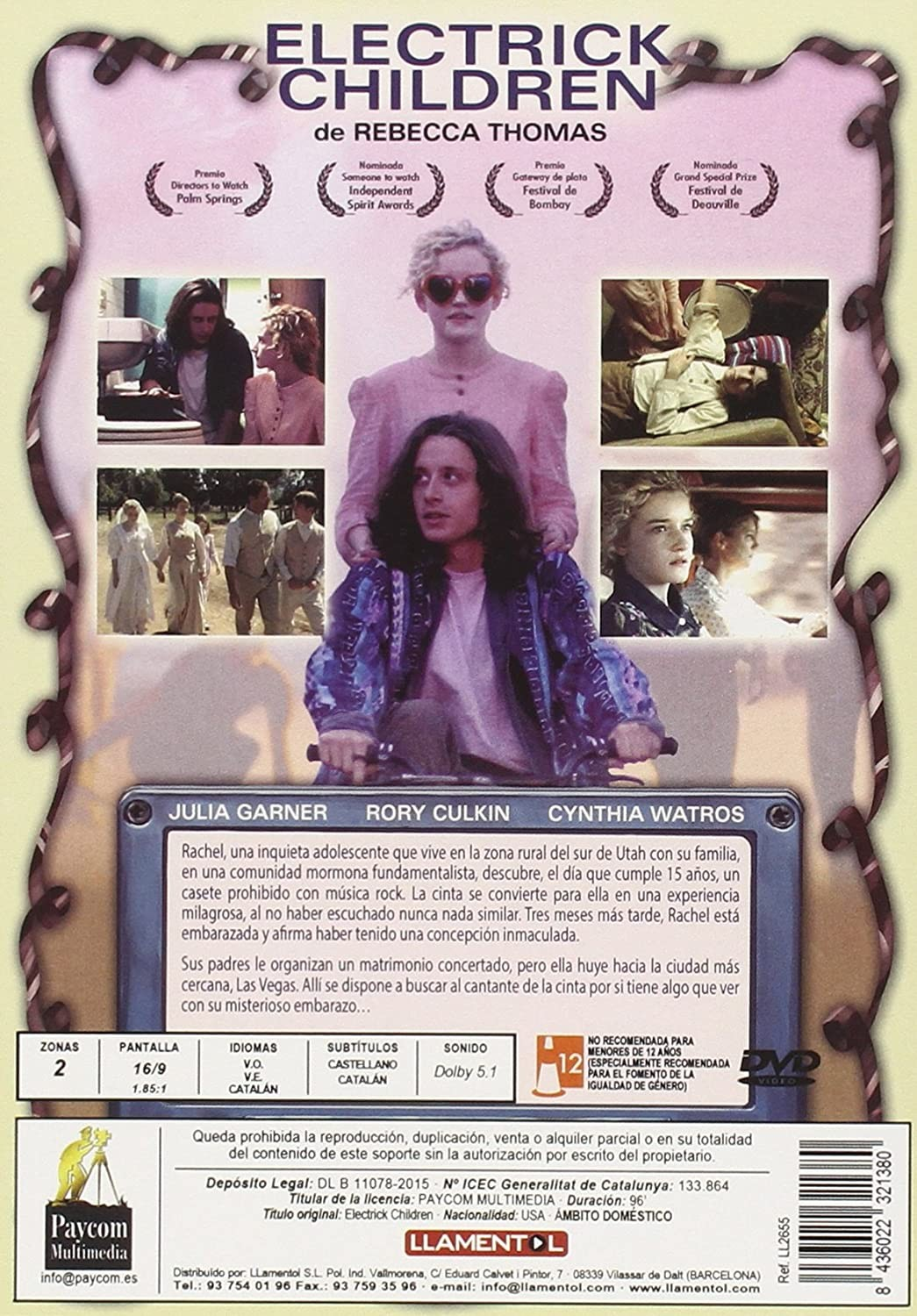 Contraportada del DVD Electrick Children con fotogramas, sinopsis y detalles técnicos.