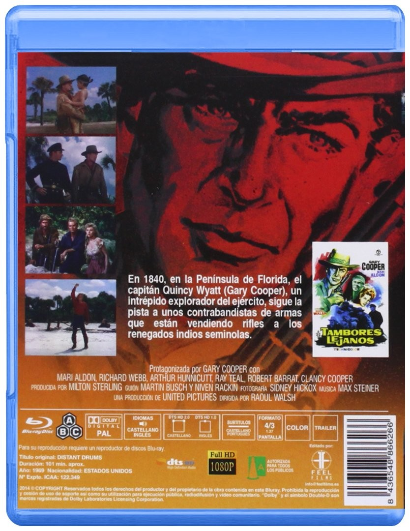 Contraportada de Blu-ray de Tambores Lejanos con Gary Cooper, fotogramas y texto en español.