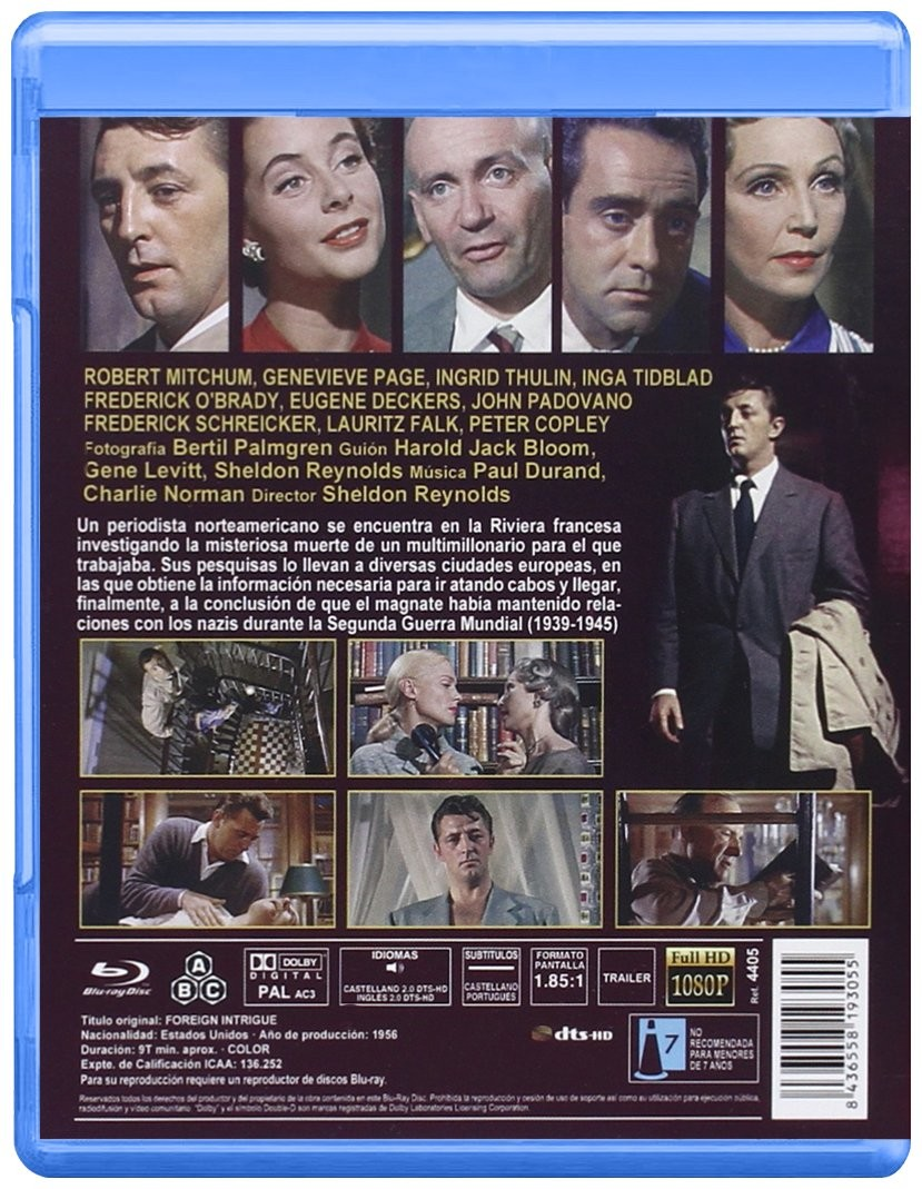 Contraportada de un Blu-ray de Foreign Intrigue con retratos de actores, fotogramas y texto en español.